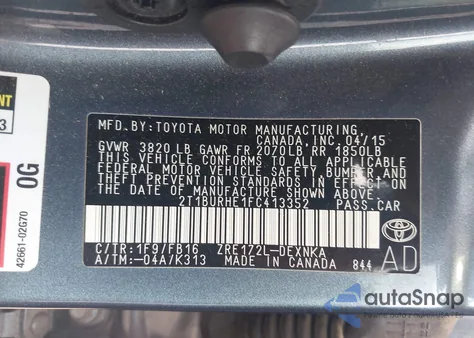 2015 Toyota Corolla Le из США, поврежденный, VIN 2T1BURHE1FC413352